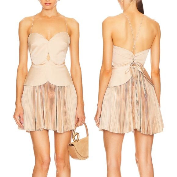 NWT Acler Willcocks Mini Dress Size 4 Tan Spaghetti Strap Pleated Lace-Up Back - Picture 10 of 13